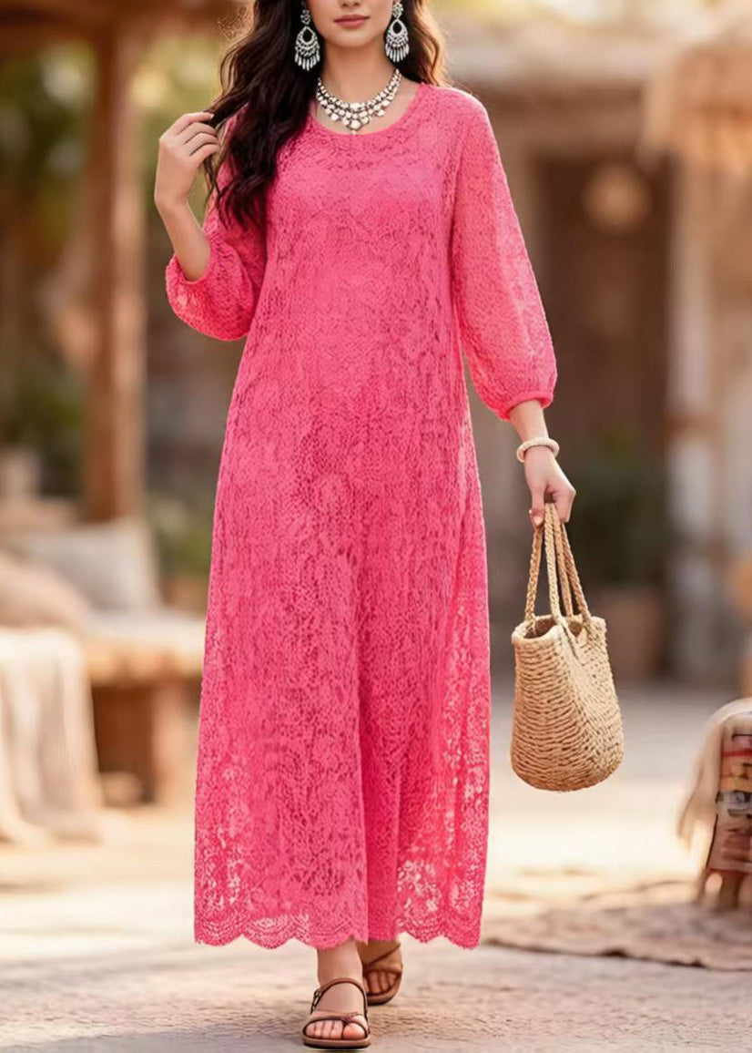 Plus Size Rose O Neck Lace Long Dress Summer