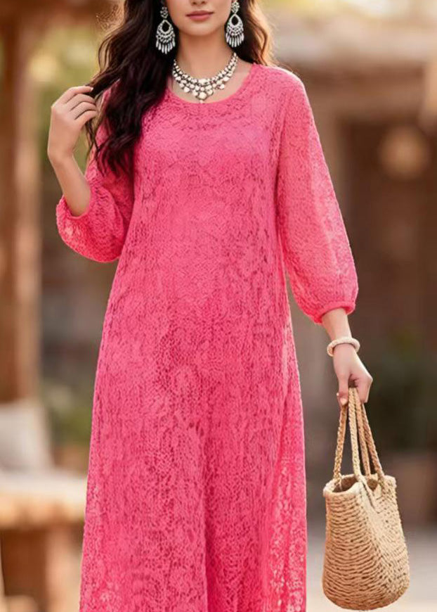 Plus Size Rose O Neck Lace Long Dress Summer