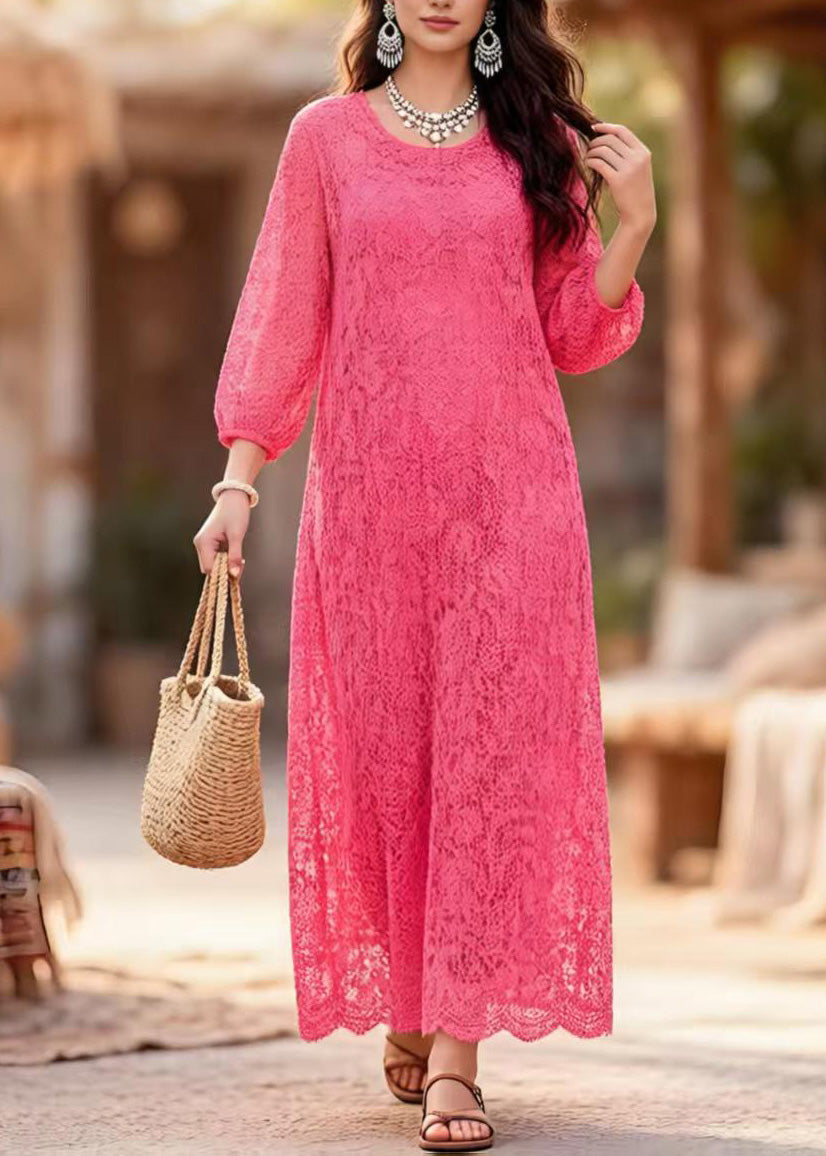 Plus Size Rose O Neck Lace Long Dress Summer