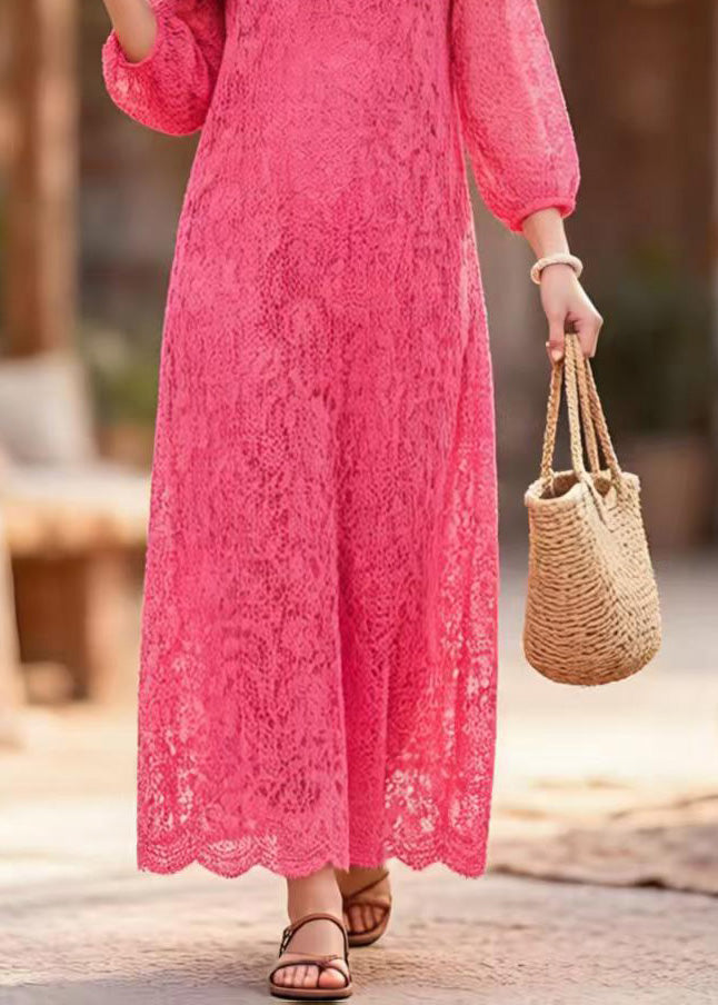 Plus Size Rose O Neck Lace Long Dress Summer