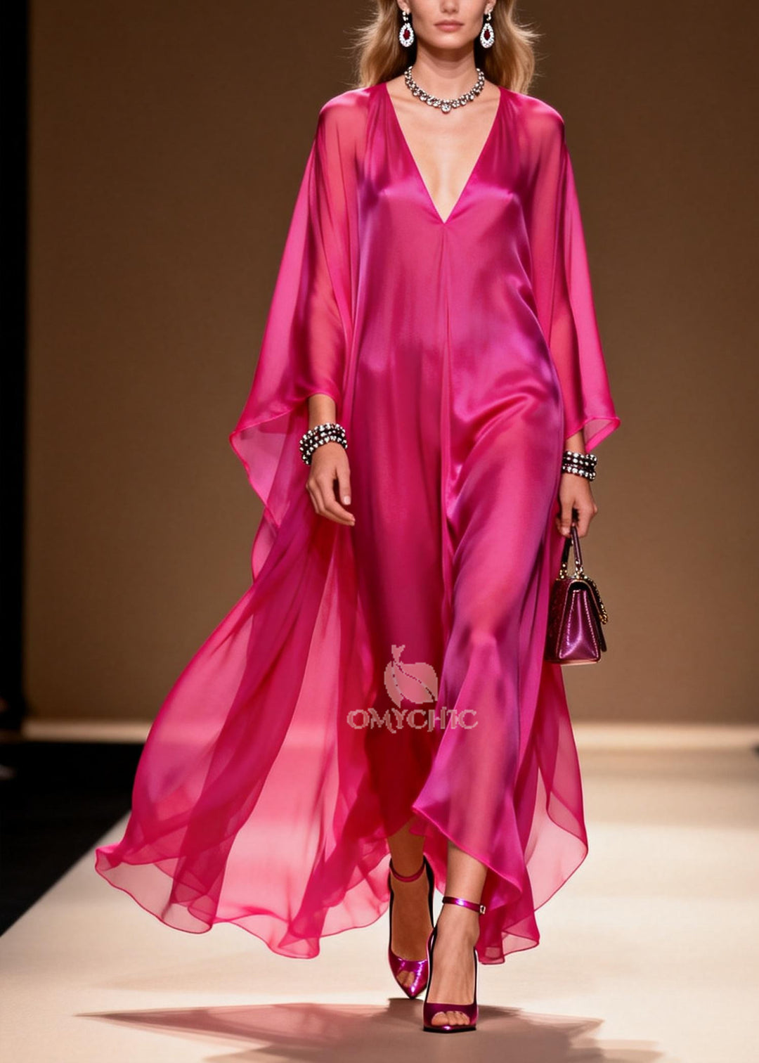 Plus Size Rose Oversized Draping Chiffon Maxi Dress Summer