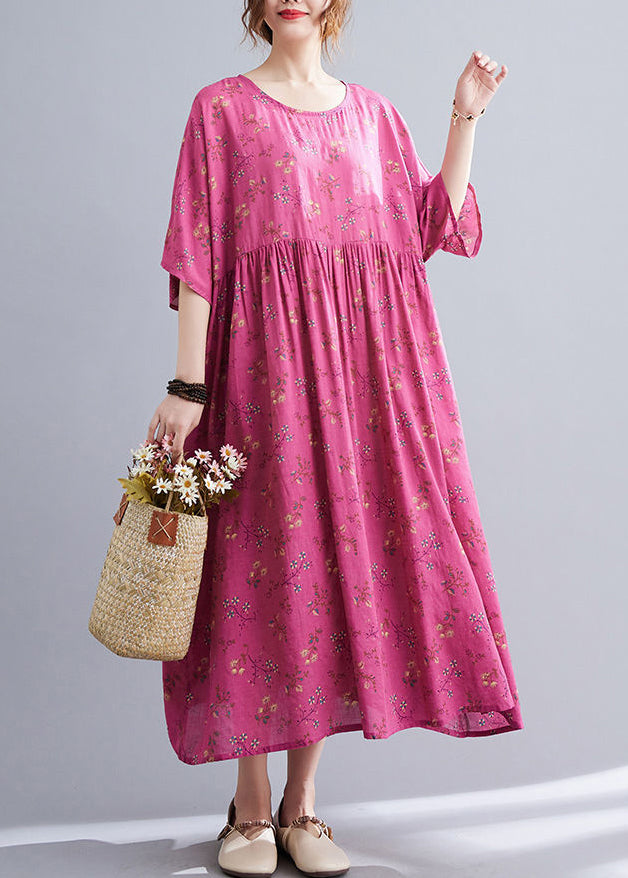 Plus Size Rose Print Pockets Cotton Long Dresses Summer