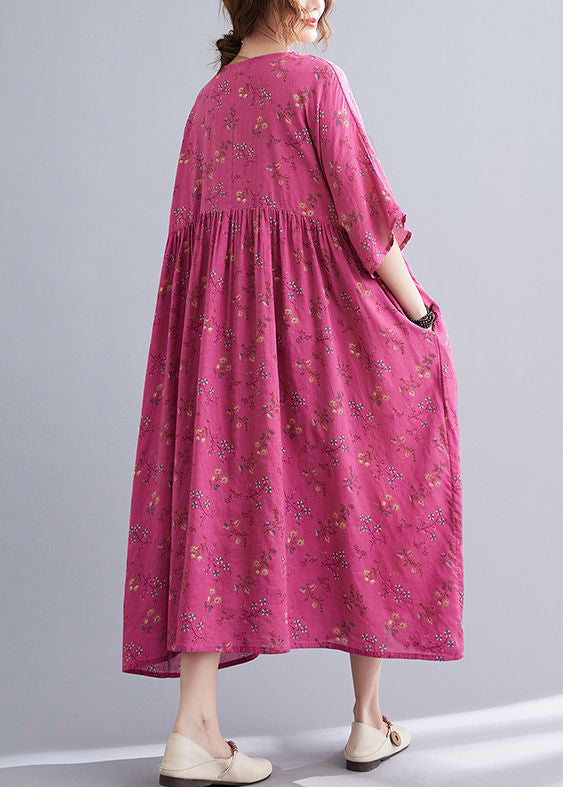 Plus Size Rose Print Pockets Cotton Long Dresses Summer