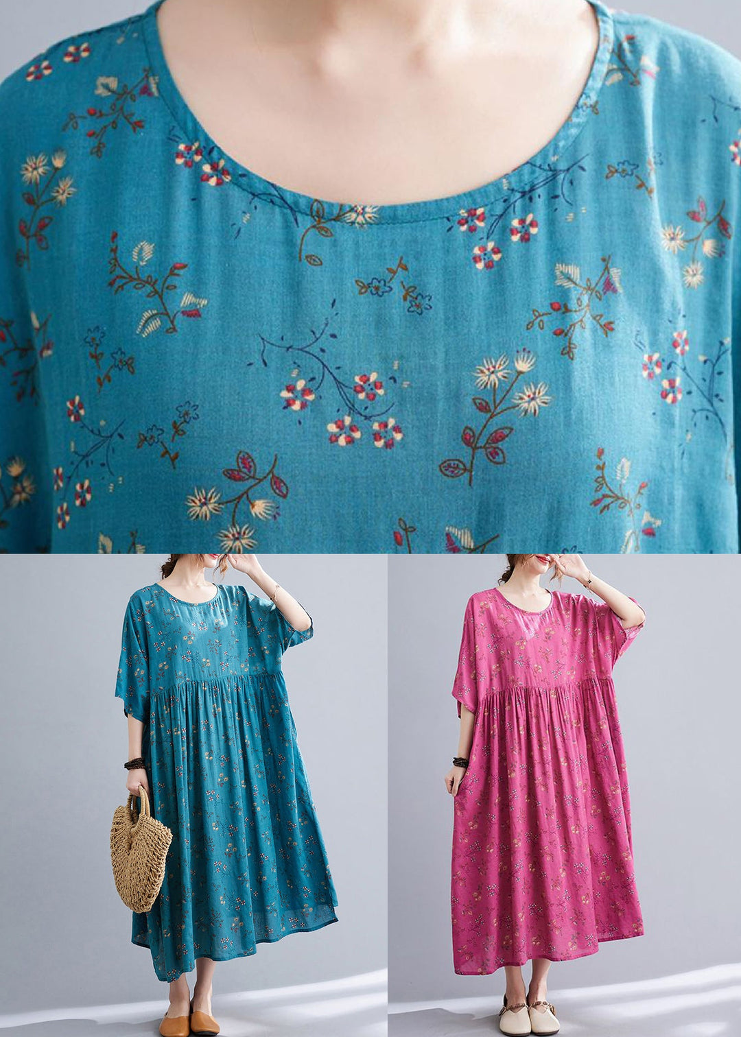 Plus Size Rose Print Pockets Cotton Long Dresses Summer