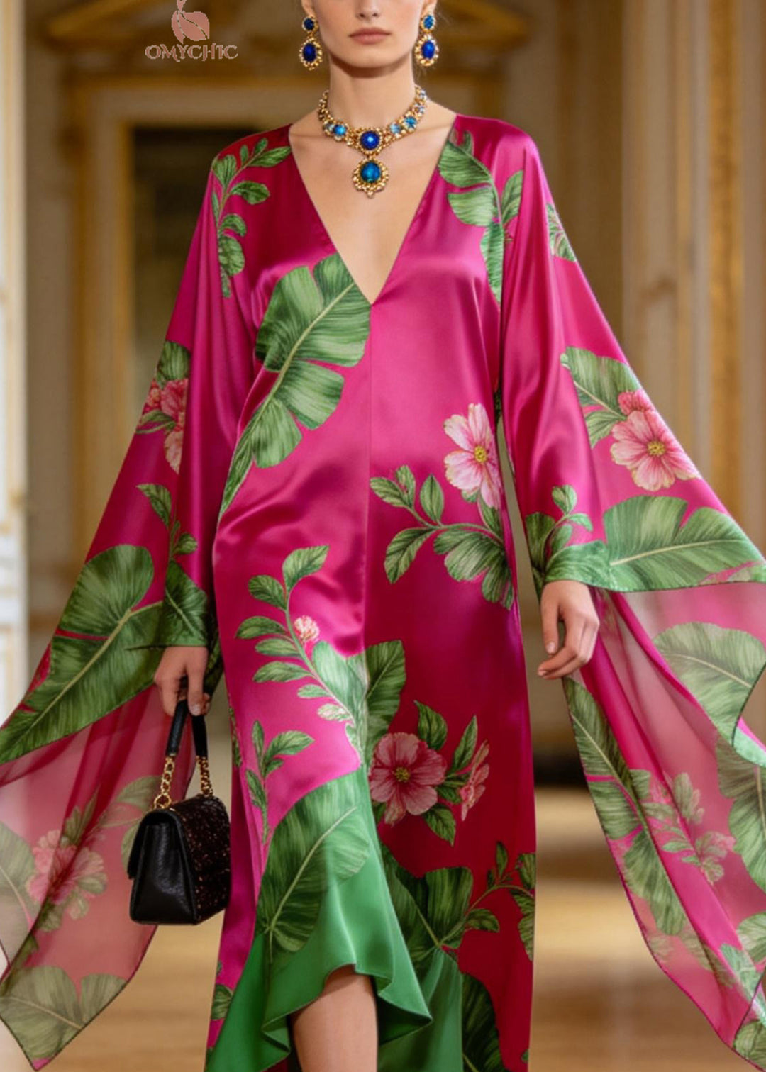Plus Size Rose V Neck Asymmetrical Design Print Chiffon Robe Dresses Batwing Sleeve