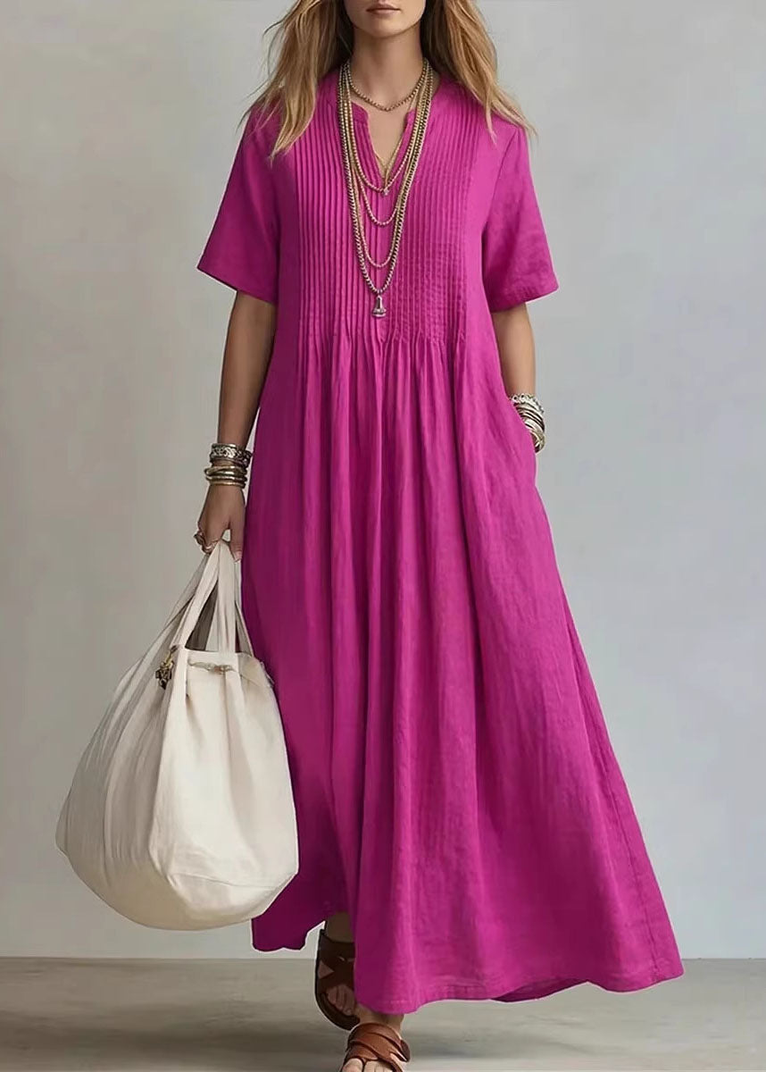 Plus Size Rose V Neck Pockets Cotton Long Dress Summer