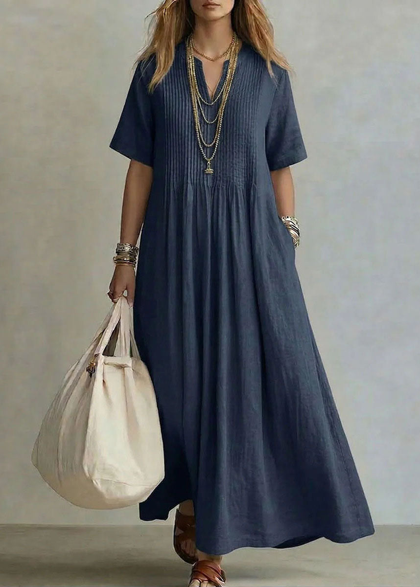 Plus Size Rose V Neck Pockets Cotton Long Dress Summer