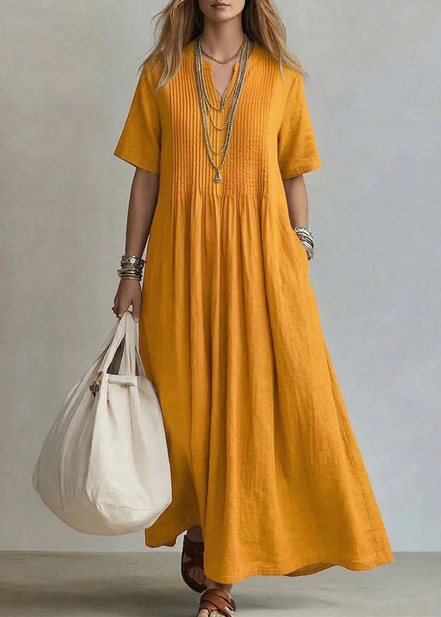 Plus Size Rose V Neck Pockets Cotton Long Dress Summer