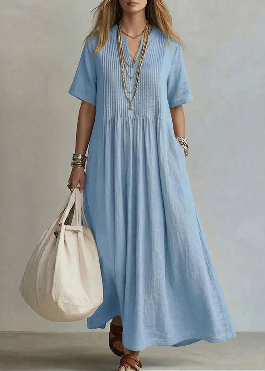 Plus Size Rose V Neck Pockets Cotton Long Dress Summer