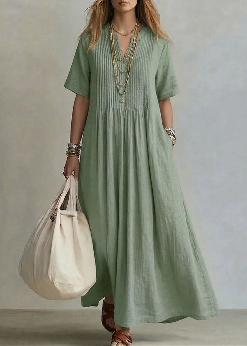 Plus Size Rose V Neck Pockets Cotton Long Dress Summer