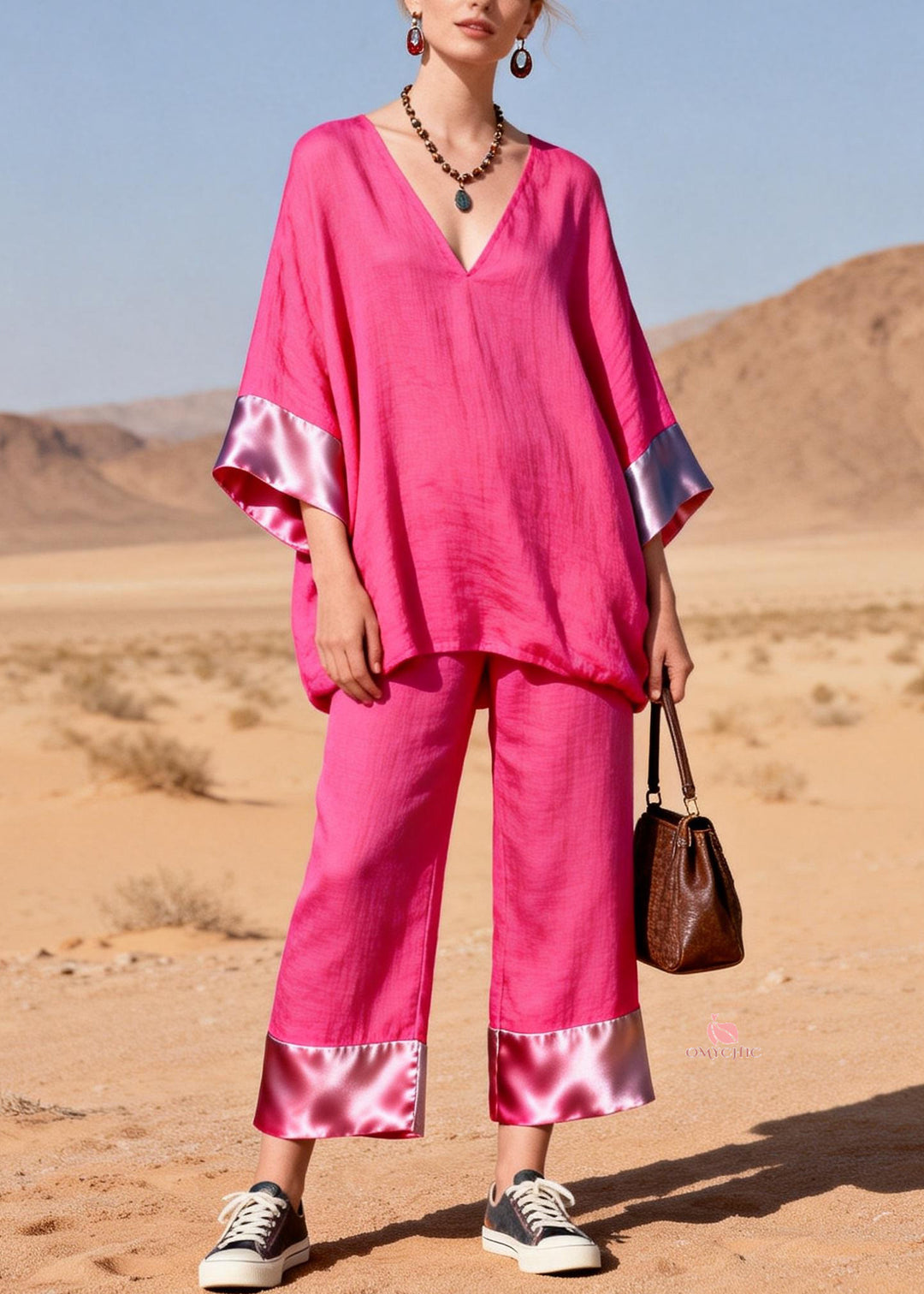 Plus Size Rose V Neck Solid Silk Patchwork Two Pieces Set Bracelet Sleeve