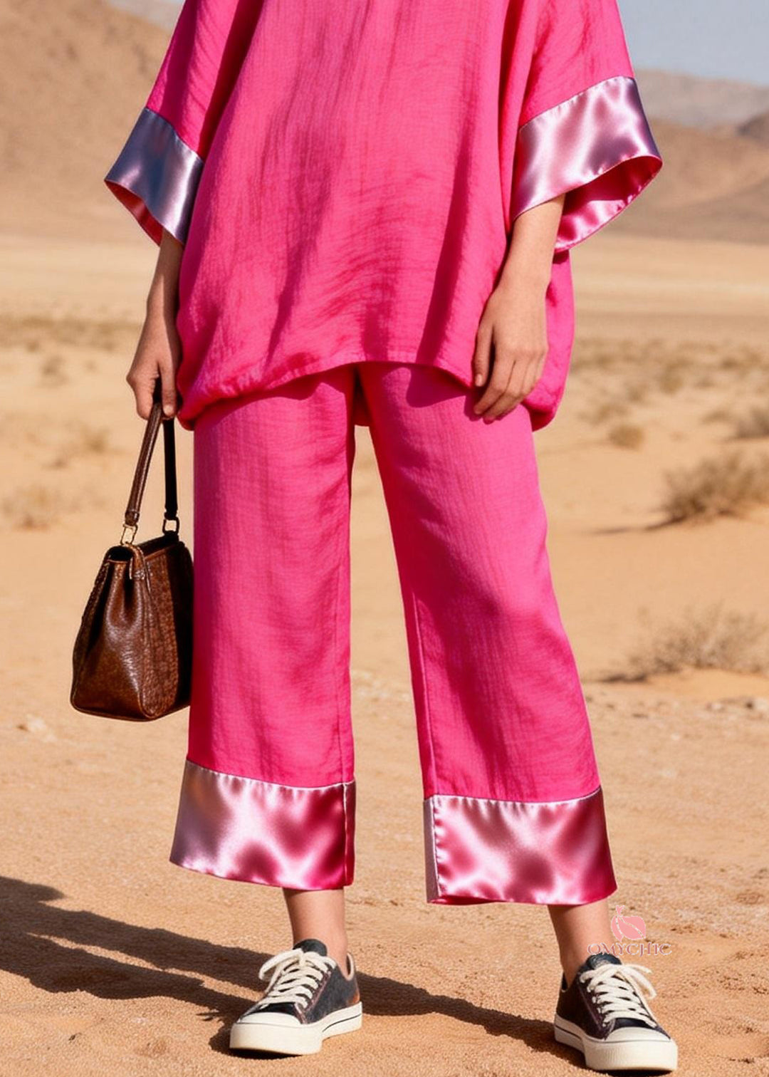 Plus Size Rose V Neck Solid Silk Patchwork Two Pieces Set Bracelet Sleeve