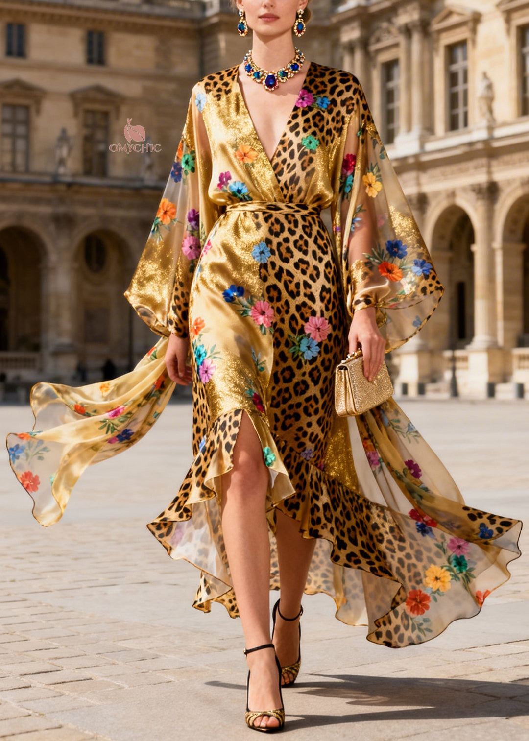 Plus Size Ruffled Asymmetrical Design Floral Silk Maxi Dress Summer