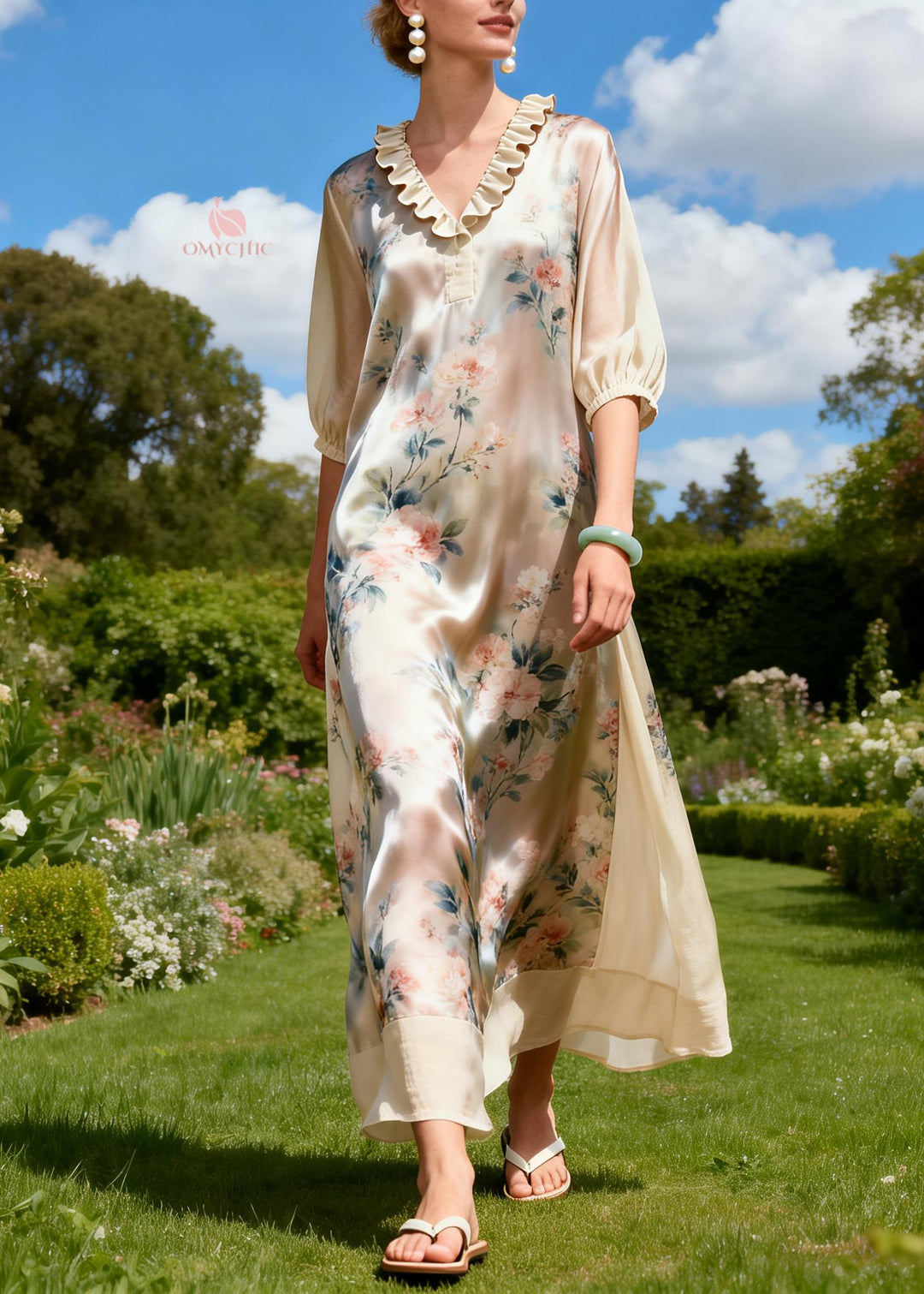 Plus Size Ruffled Print Patchwork Linen Silk Dress Summer