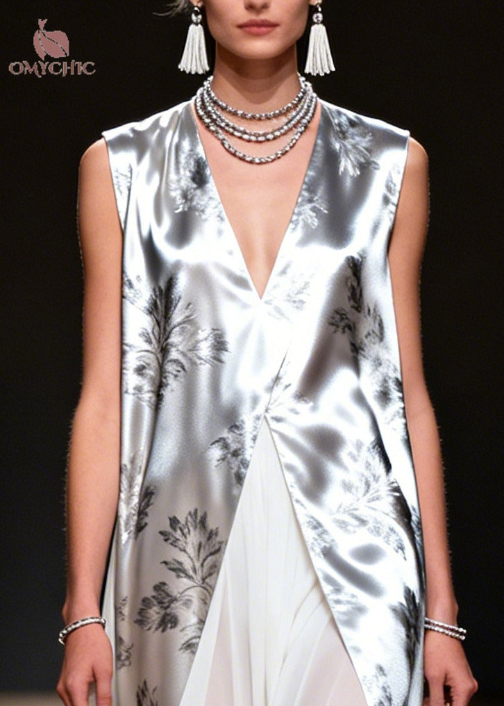 Plus Size Silvery Print Patchwork Chiffon Fake Two Piece Dress Sleeveless