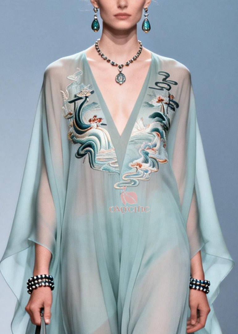 Plus Size Sky Blue Print Draping Chiffon Maxi Dress Batwing Sleeve