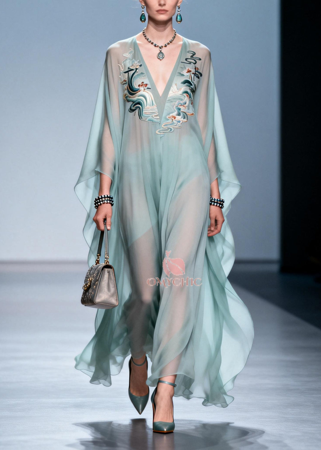 Plus Size Sky Blue Print Draping Chiffon Maxi Dress Batwing Sleeve