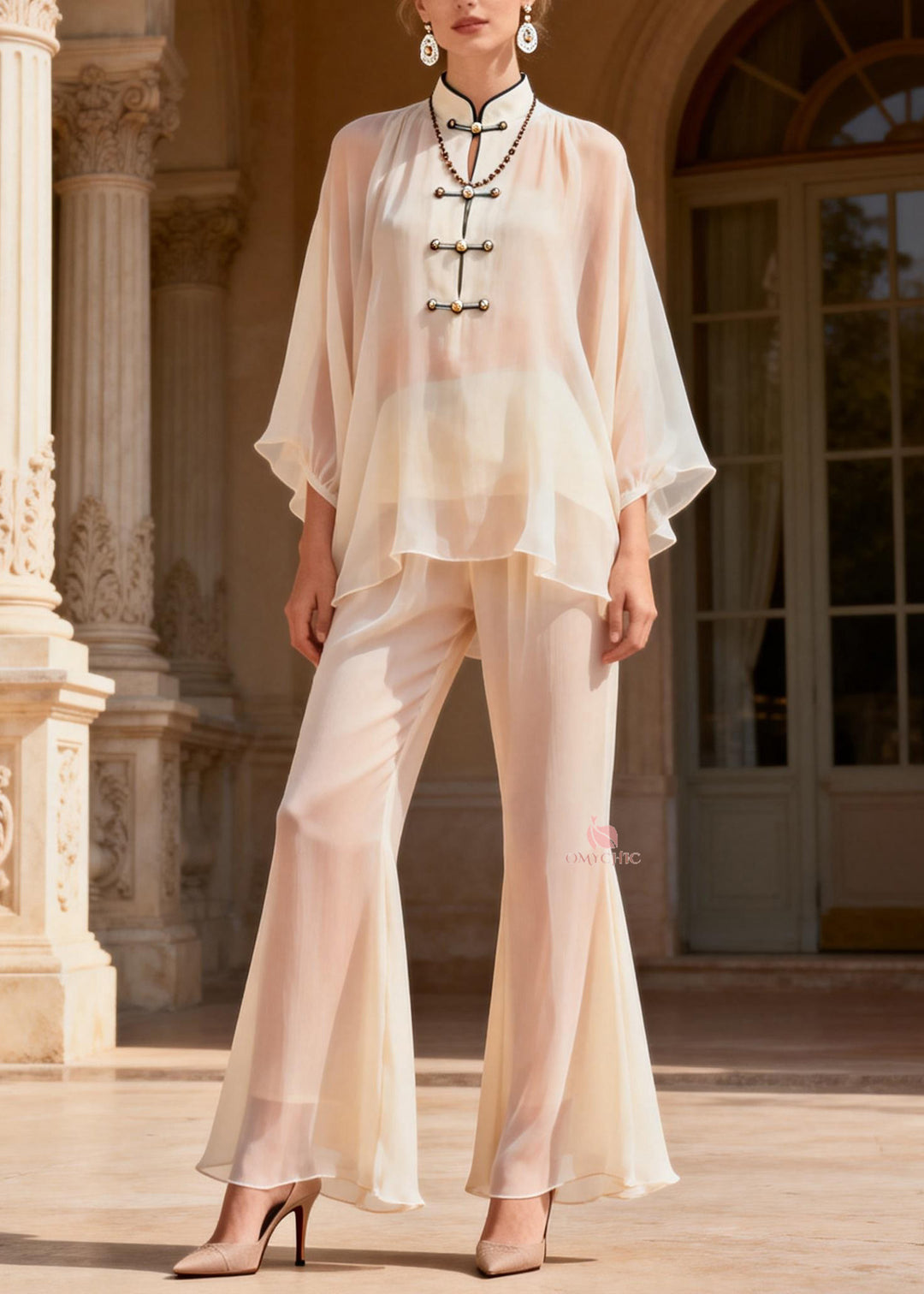 Plus Size Stand Collar Chinese Button Patchwork Silk Two Piece Set Summer