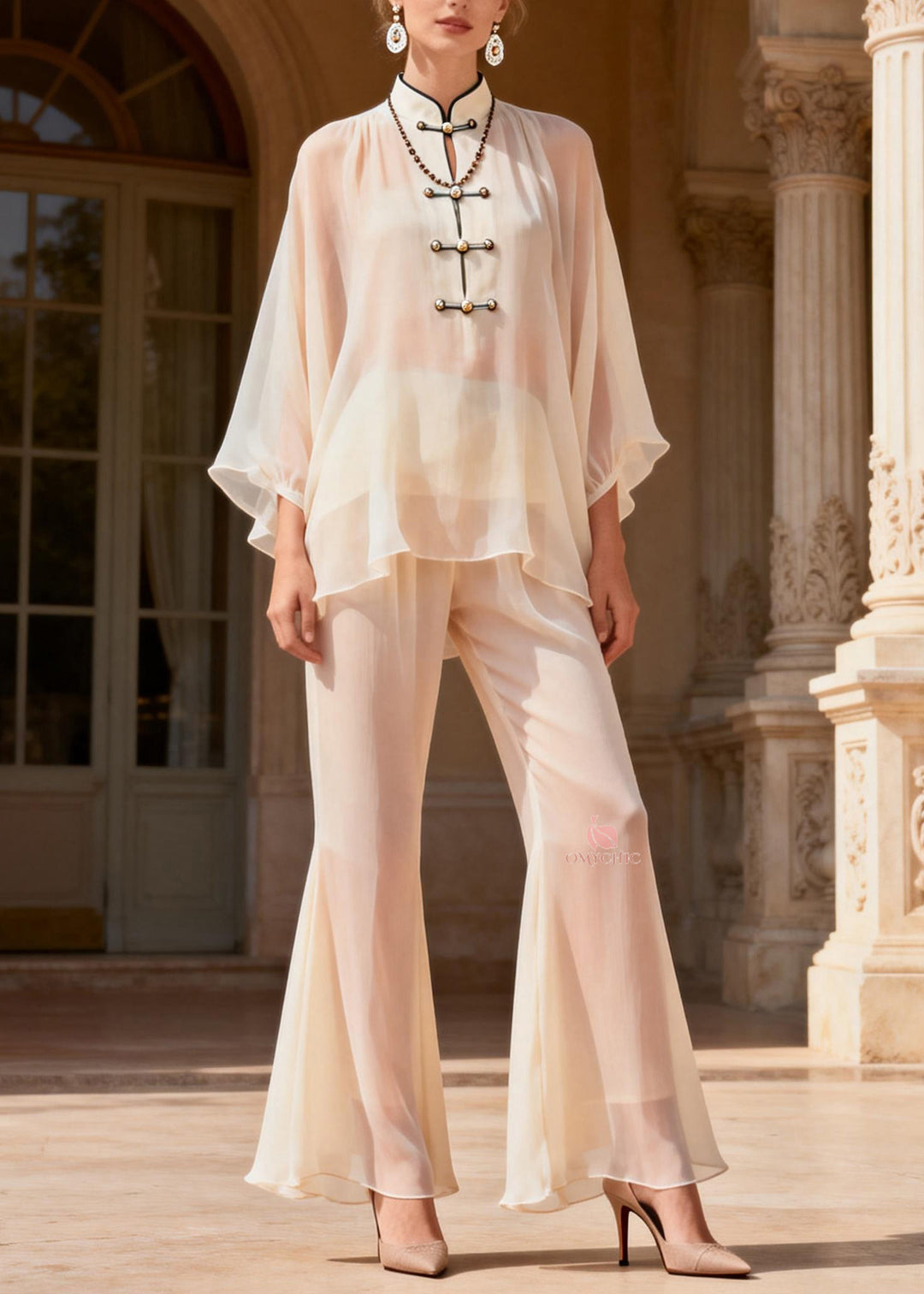 Plus Size Stand Collar Chinese Button Patchwork Silk Two Piece Set Summer