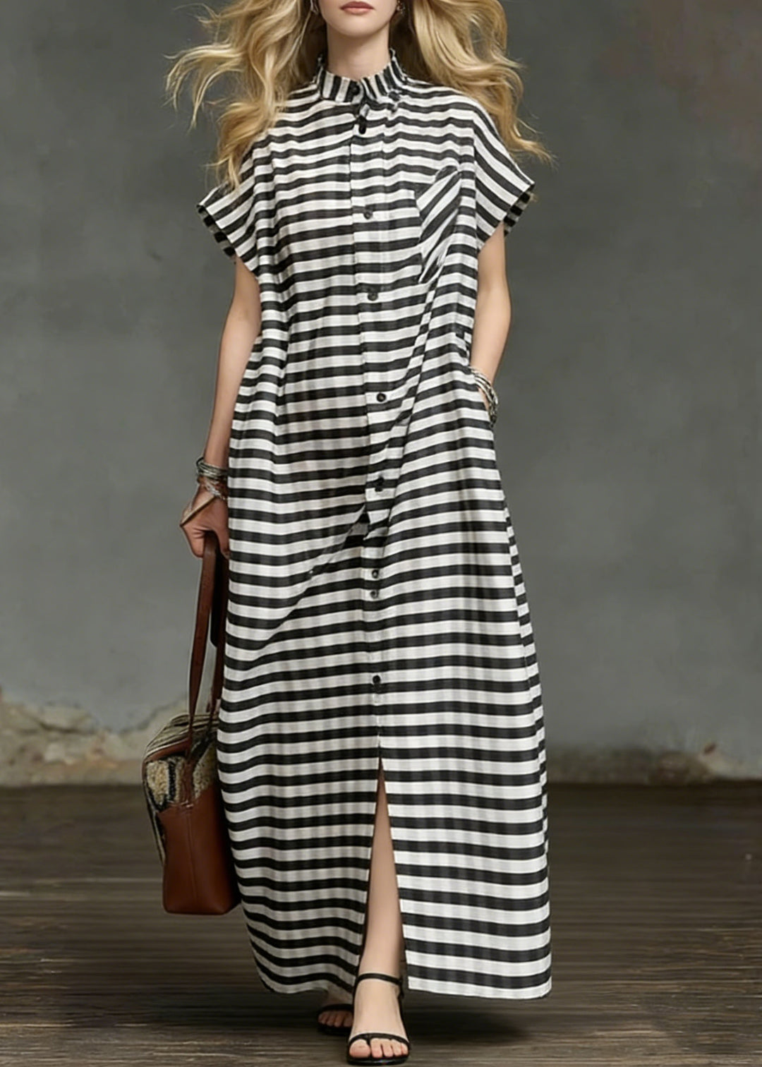 Plus Size Striped Pockets Side Open Cotton Long Dresses Summer - Omychic