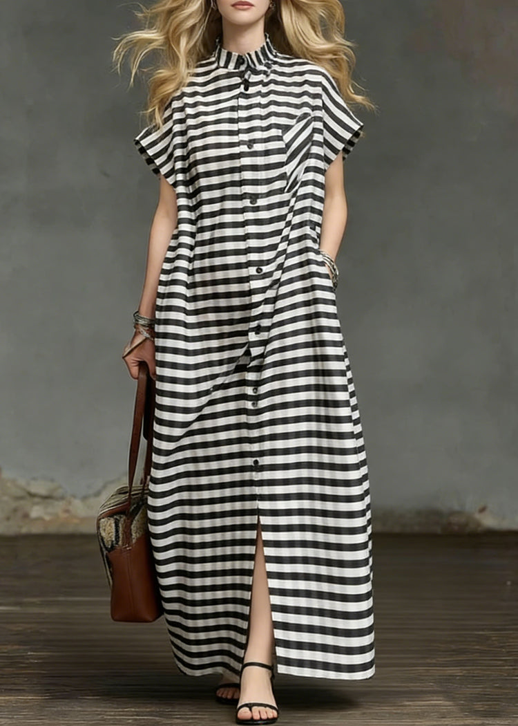 Plus Size Striped Pockets Side Open Cotton Long Dresses Summer - Omychic