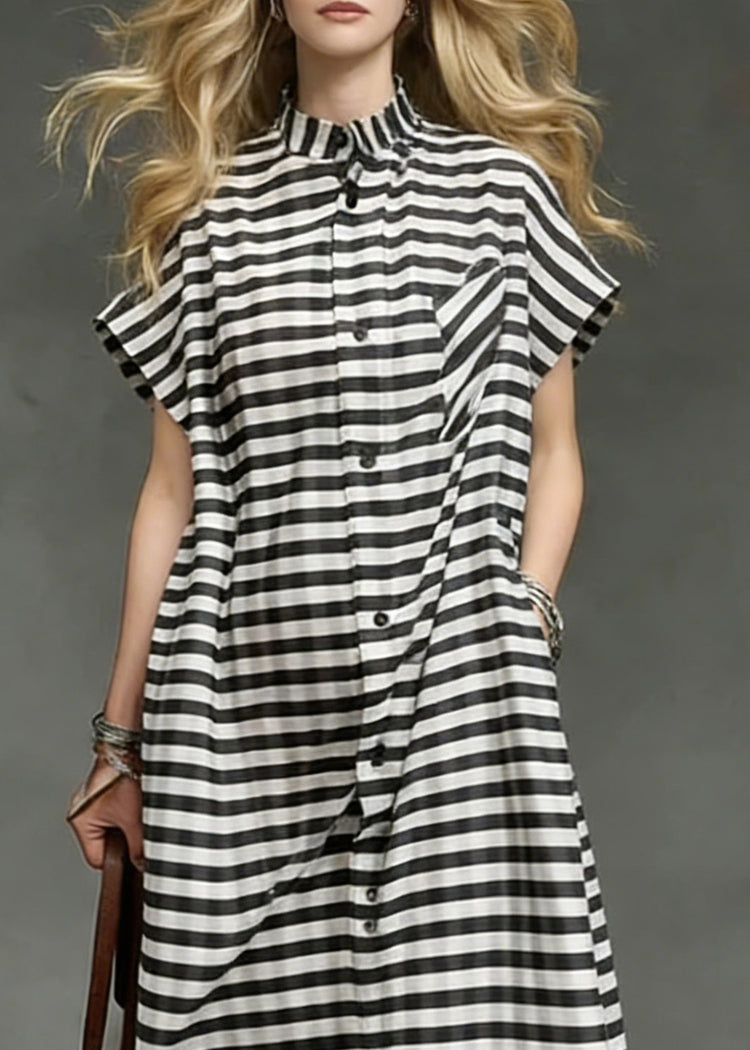 Plus Size Striped Pockets Side Open Cotton Long Dresses Summer - Omychic