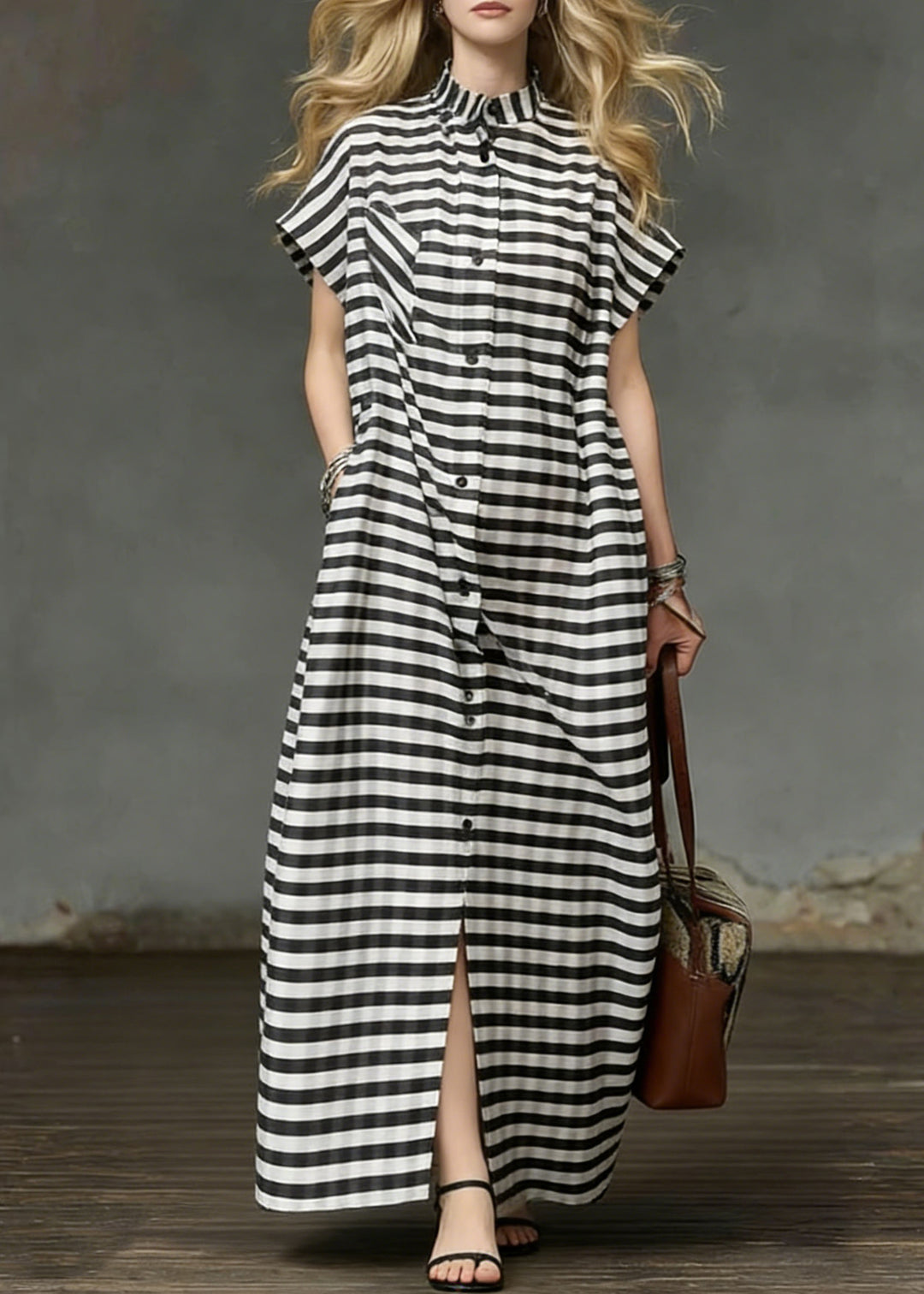 Plus Size Striped Pockets Side Open Cotton Long Dresses Summer - Omychic