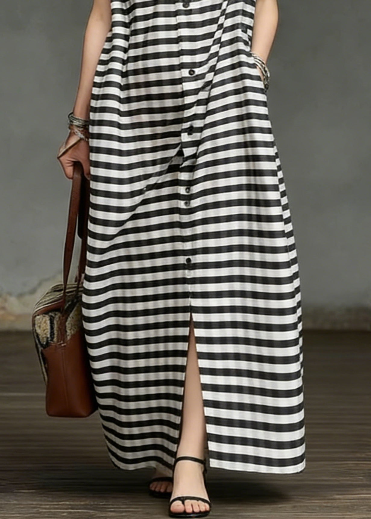 Plus Size Striped Pockets Side Open Cotton Long Dresses Summer - Omychic