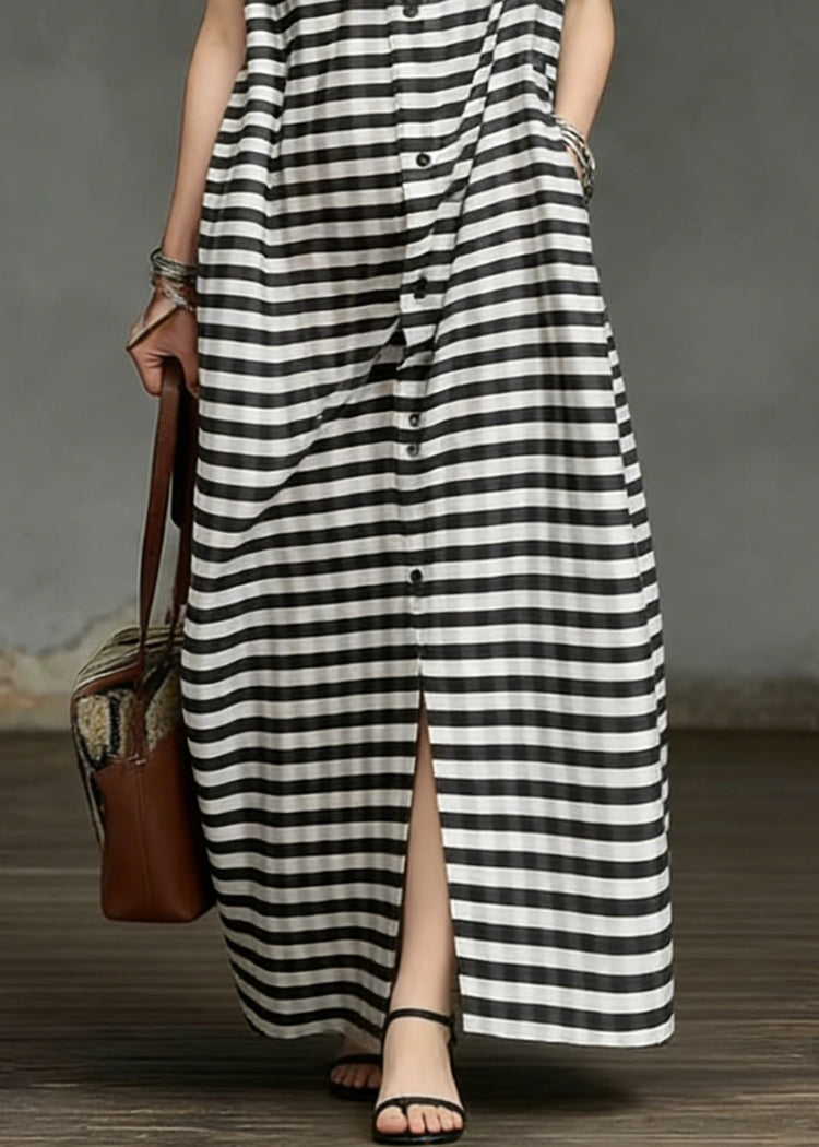 Plus Size Striped Pockets Side Open Cotton Long Dresses Summer - Omychic