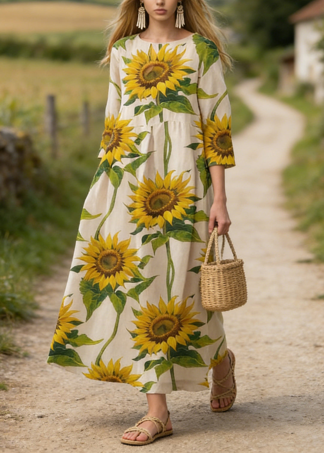 Plus Size Sunflower Print Cotton Long Dress Summer
