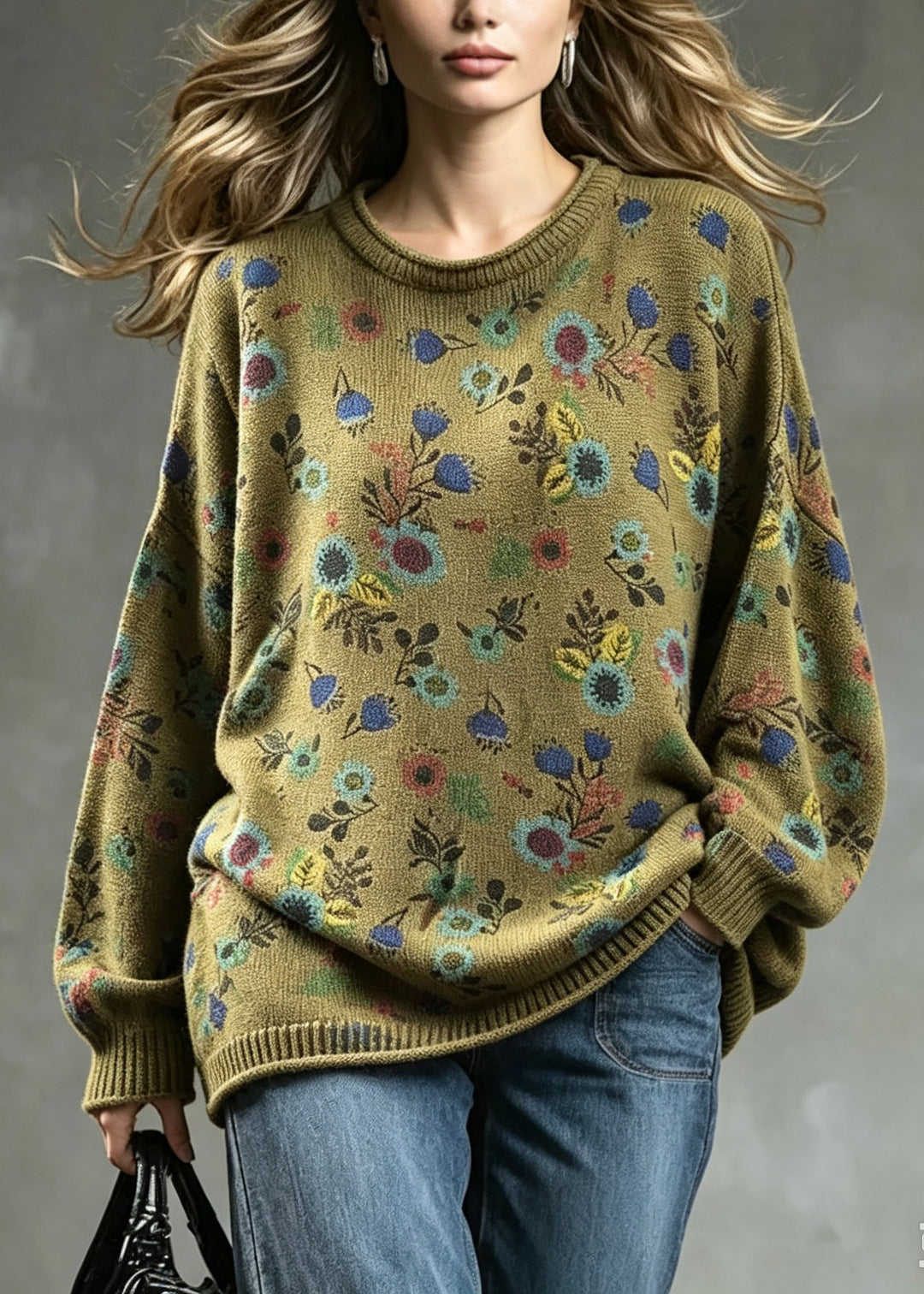Plus Size Tea Green O Neck Print Knit Sweaters Fall