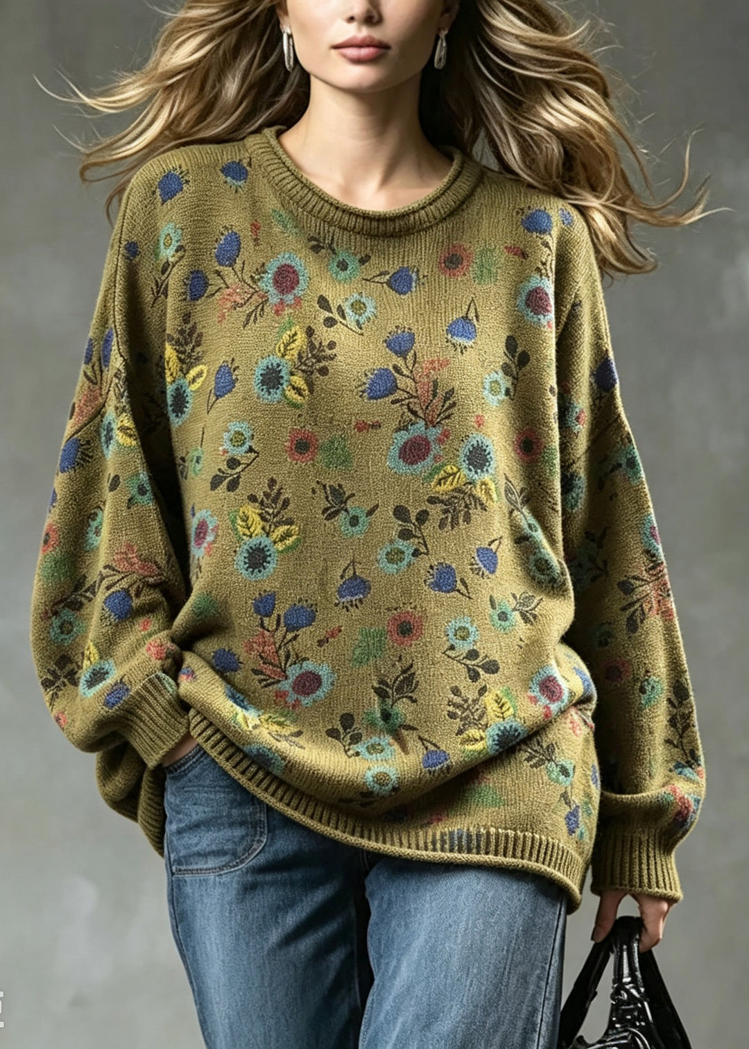 Plus Size Tea Green O Neck Print Knit Sweaters Fall
