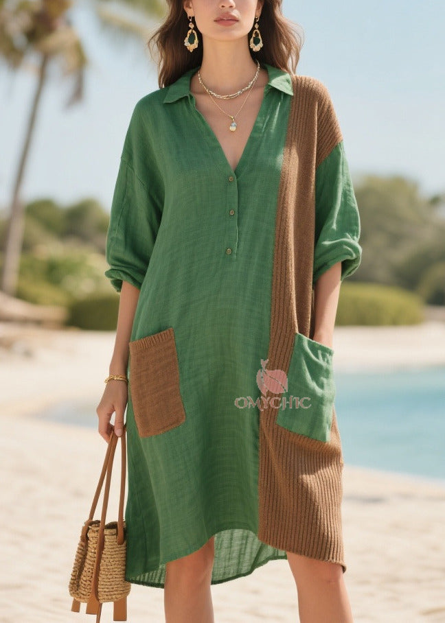 Plus Size Tea Green Oversized Patchwork Pockets Cotton Mid Dresses Summer