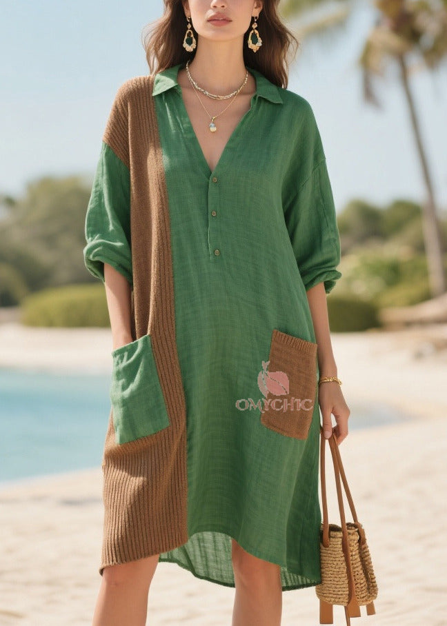 Plus Size Tea Green Oversized Patchwork Pockets Cotton Mid Dresses Summer