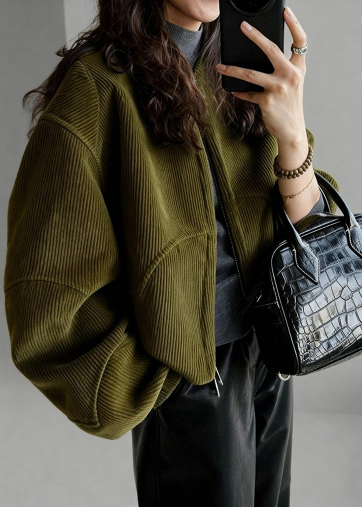 Plus Size Tea Green Oversized Pockets Corduroy Coat Spring - Omychic