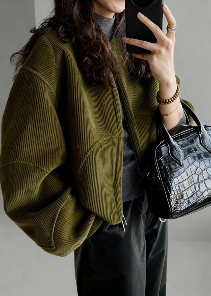 Plus Size Tea Green Oversized Pockets Corduroy Coat Spring - Omychic