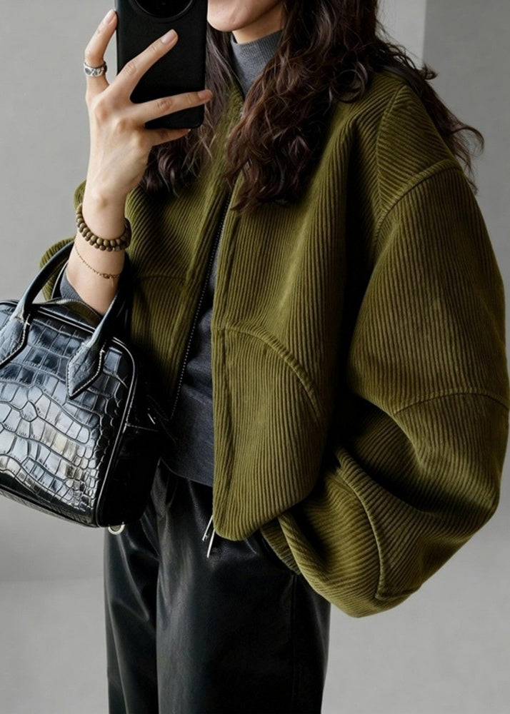 Plus Size Tea Green Oversized Pockets Corduroy Coat Spring - Omychic