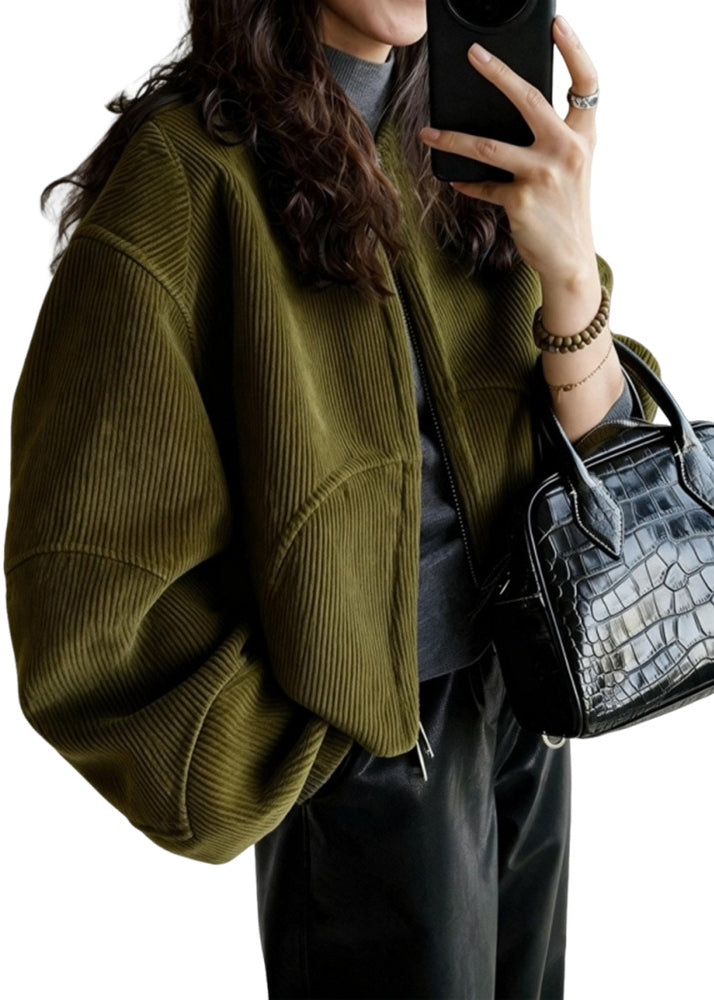 Plus Size Tea Green Oversized Pockets Corduroy Coat Spring - Omychic