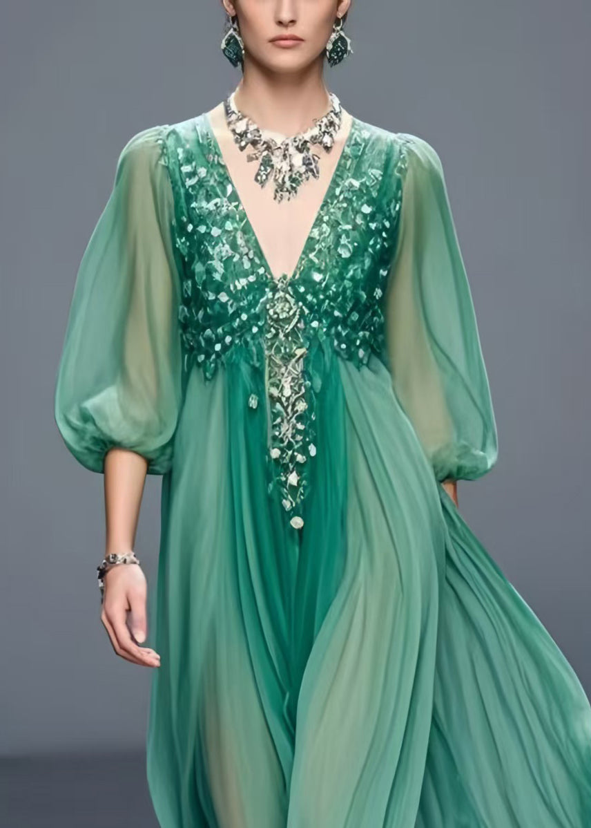 Plus Size Tea Green V Neck Chiffon Holiday Dress Bracelet Sleeve