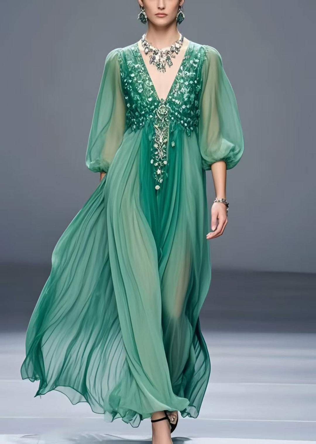 Plus Size Tea Green V Neck Chiffon Holiday Dress Bracelet Sleeve