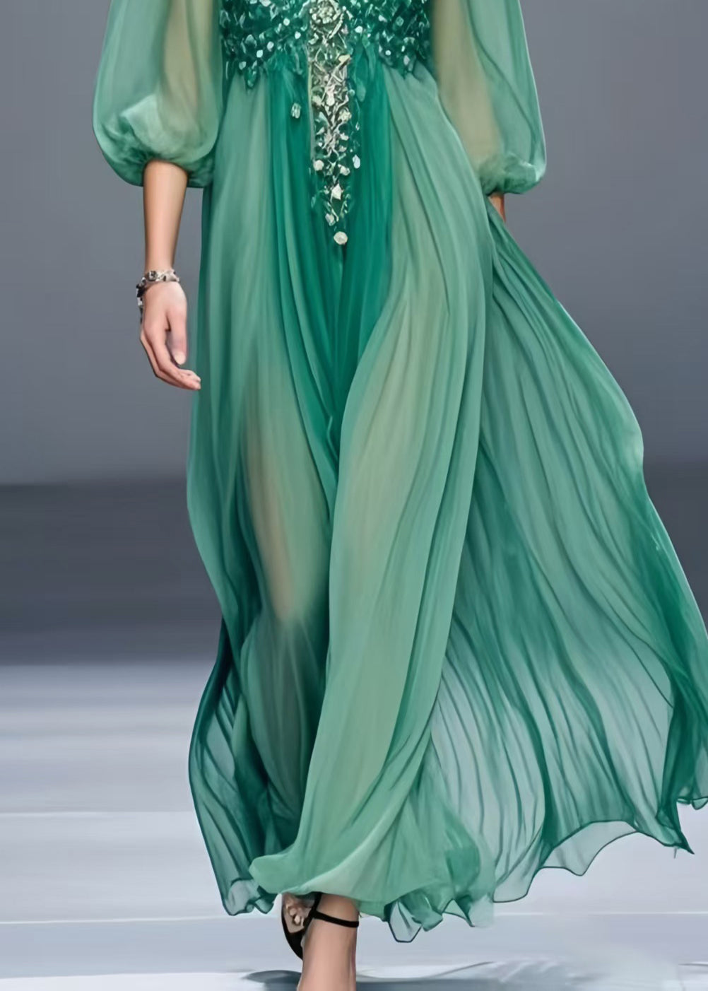 Plus Size Tea Green V Neck Chiffon Holiday Dress Bracelet Sleeve