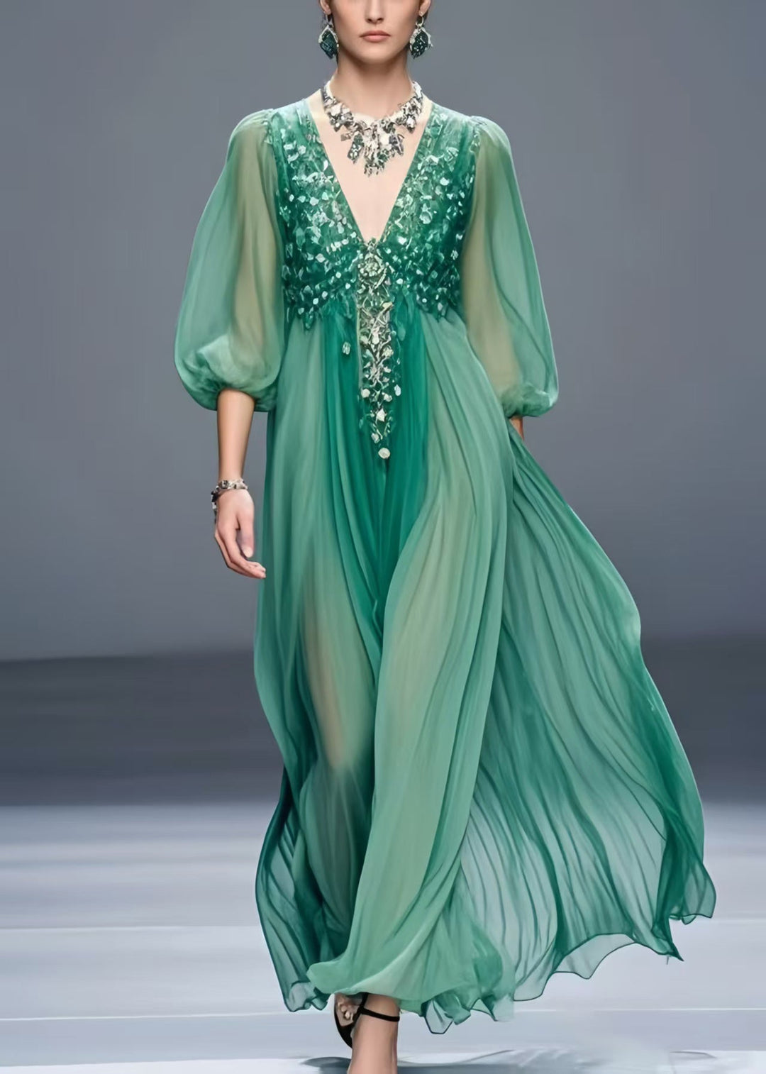 Plus Size Tea Green V Neck Chiffon Holiday Dress Bracelet Sleeve