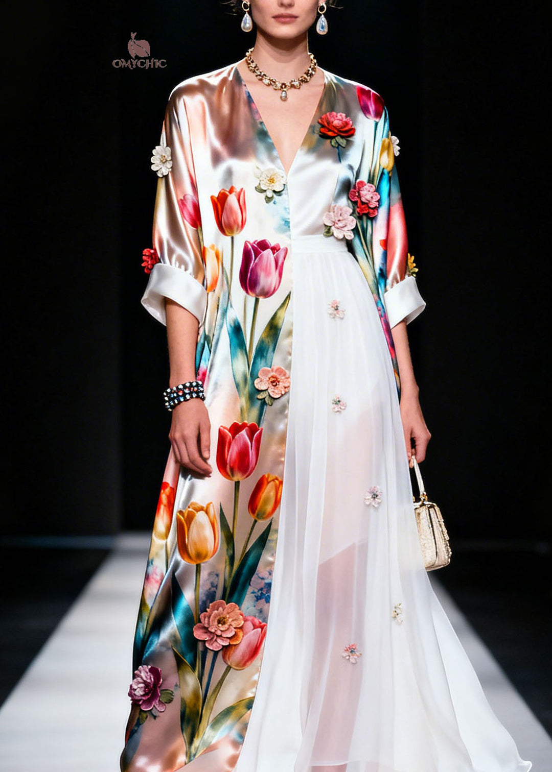 Plus Size V Neck Asymmetrical Design Floral Silk Dress Summer
