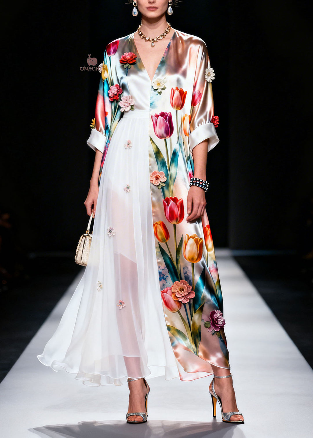 Plus Size V Neck Asymmetrical Design Floral Silk Dress Summer