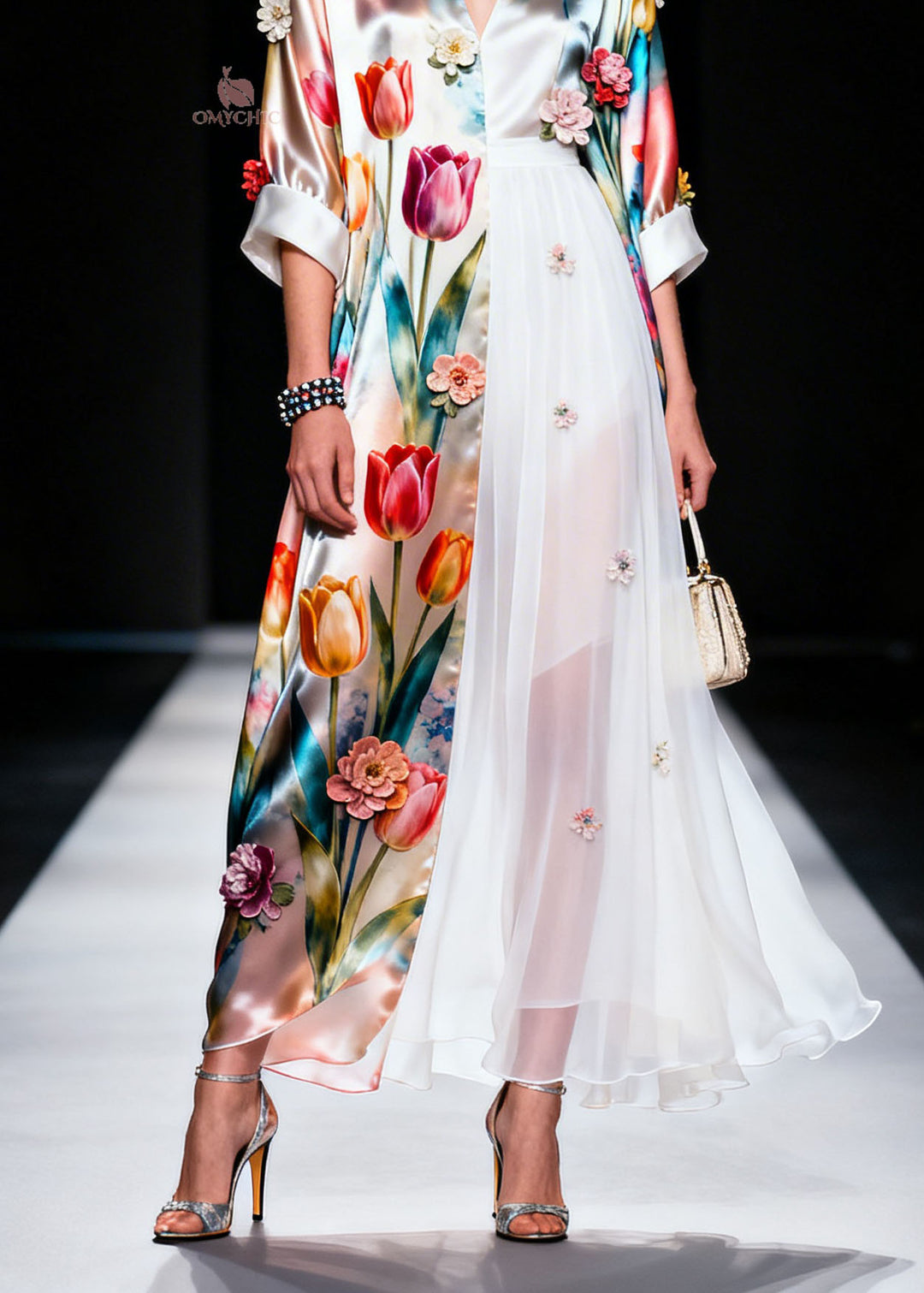Plus Size V Neck Asymmetrical Design Floral Silk Dress Summer