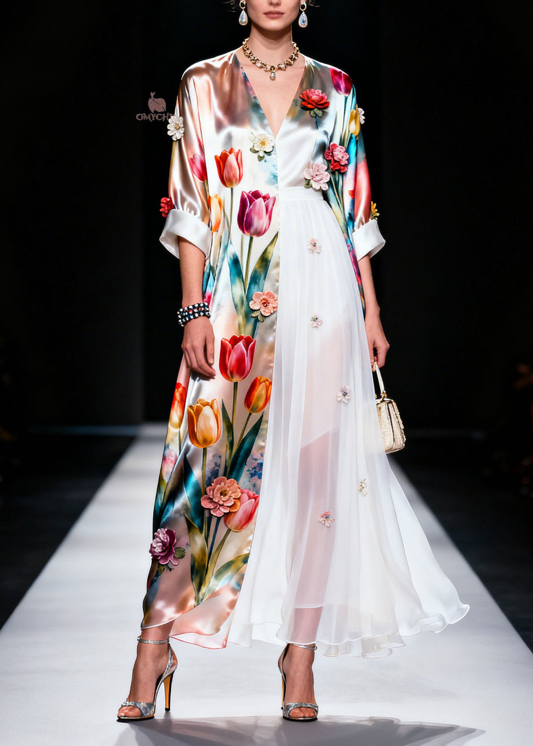 Plus Size V Neck Asymmetrical Design Floral Silk Dress Summer