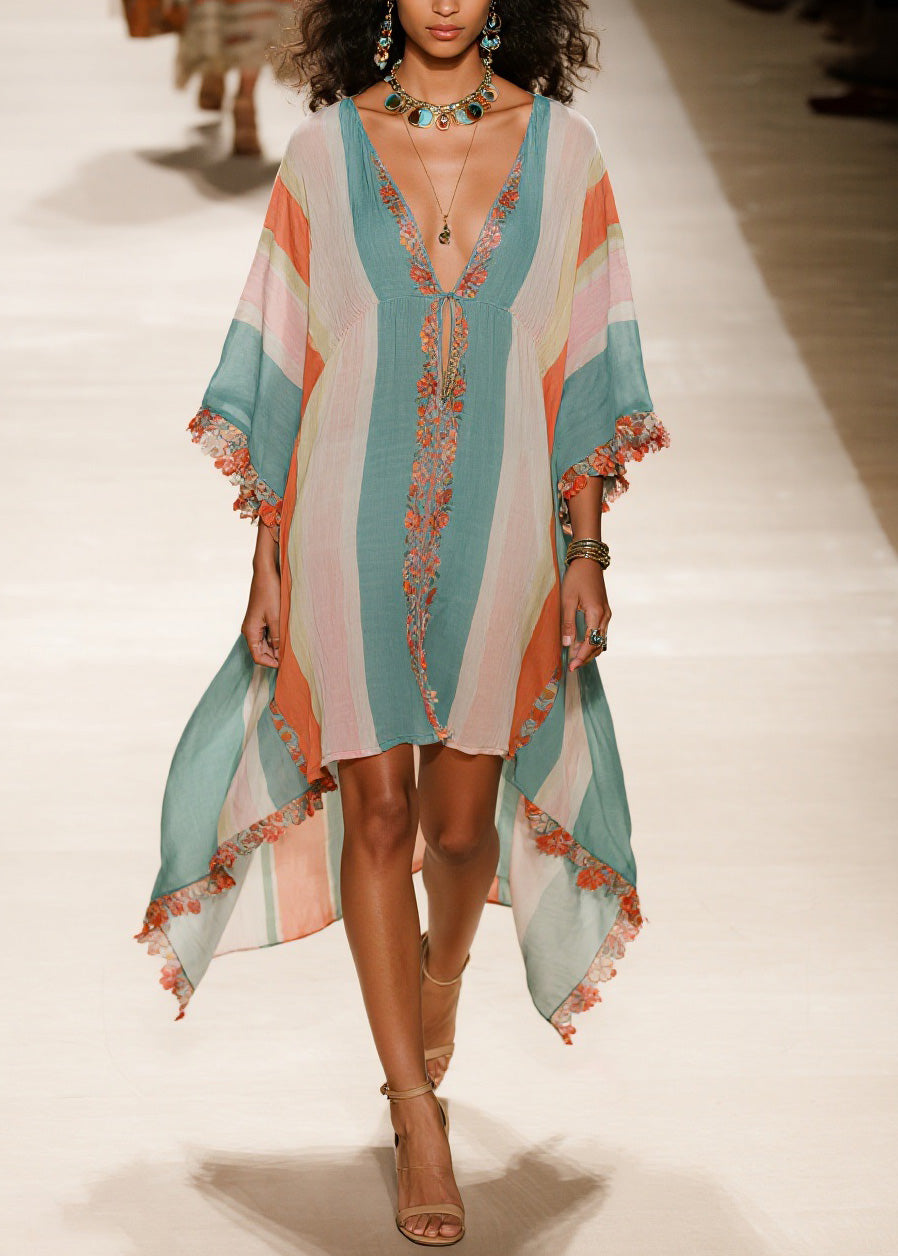 Plus Size V Neck Asymmetrical Patchwork Cotton Dress Summer