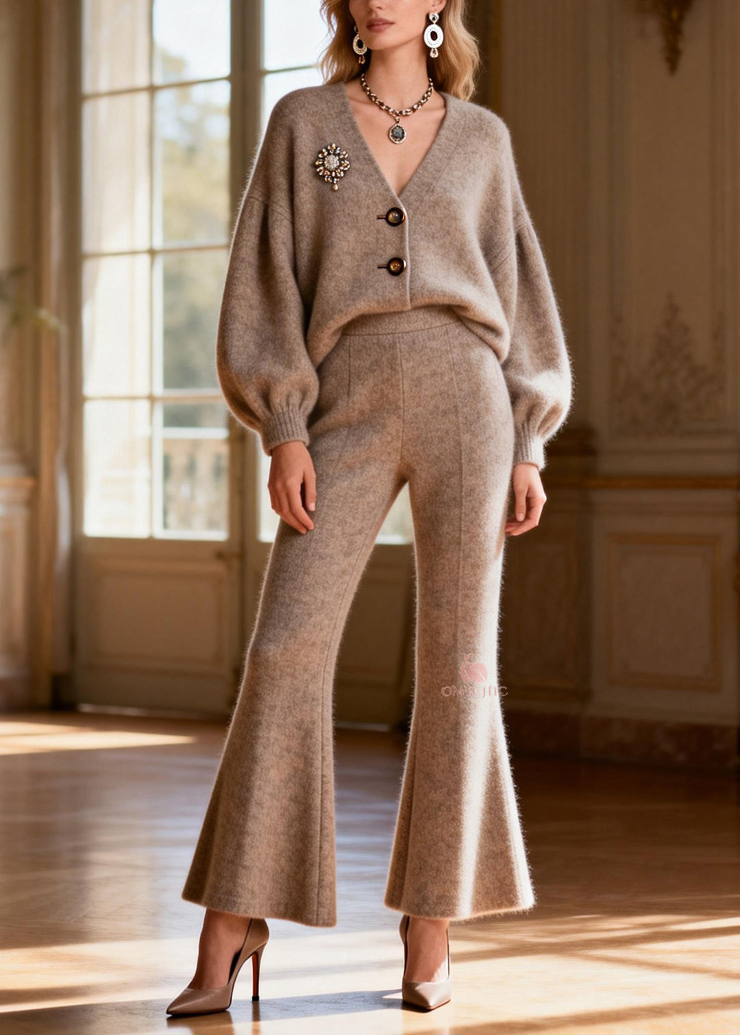 Plus Size V Neck Button Top And Pants Knit Two Pieces Set Spring