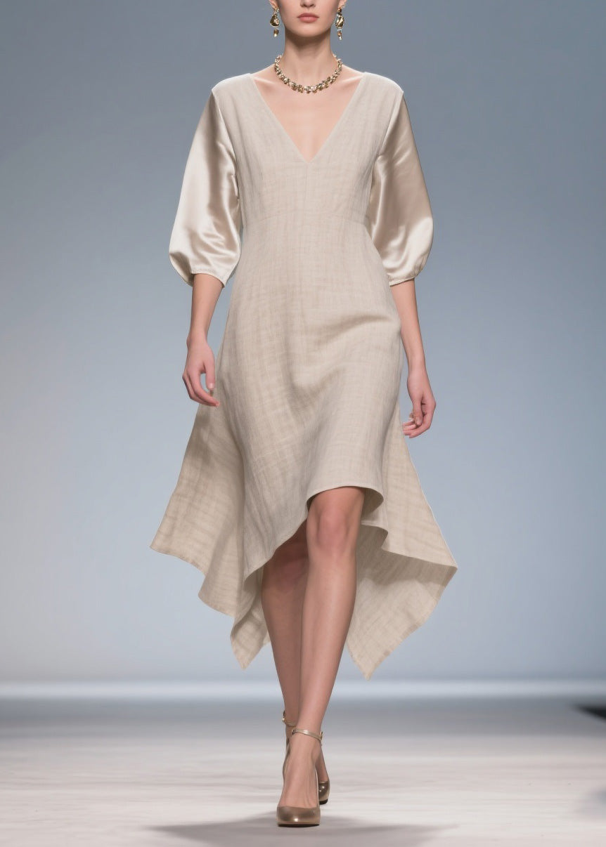 Plus Size V Neck Patchwork Linen Silk Dress Summer