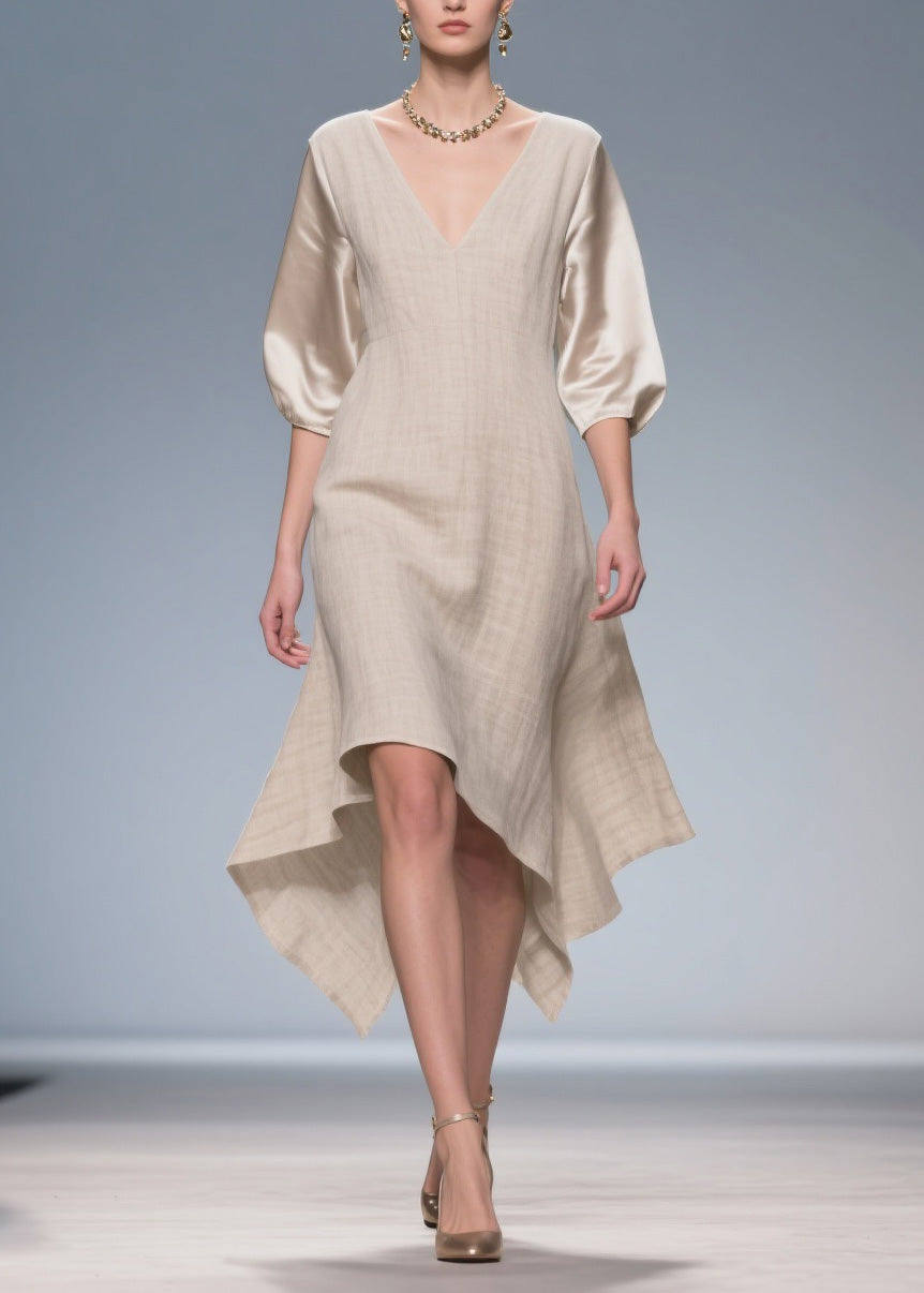 Plus Size V Neck Patchwork Linen Silk Dress Summer